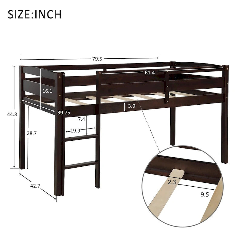 Twin Low Loft Bed with Ladder – Walnut / White / Espresso, Single