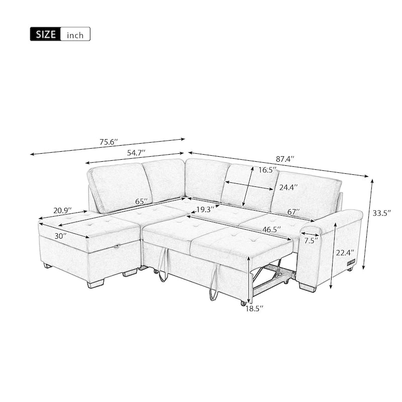 Black L-Shaped Left-Facing Sectional Sofa Bed with Storage Ottoman & USB Ports, Seats 3+