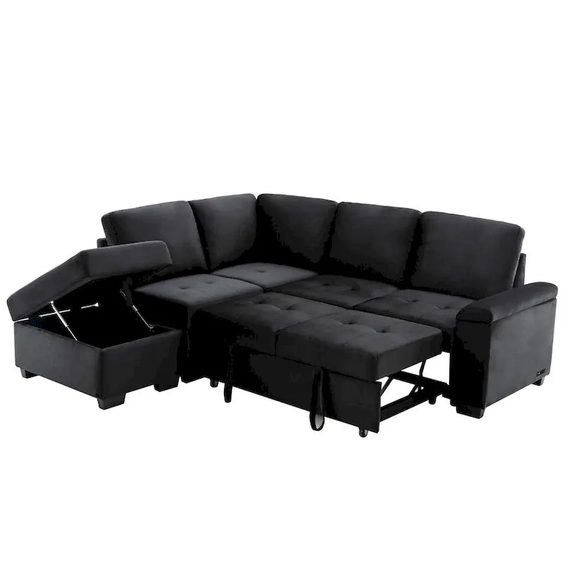 Black L-Shaped Left-Facing Sectional Sofa Bed with Storage Ottoman & USB Ports, Seats 3+