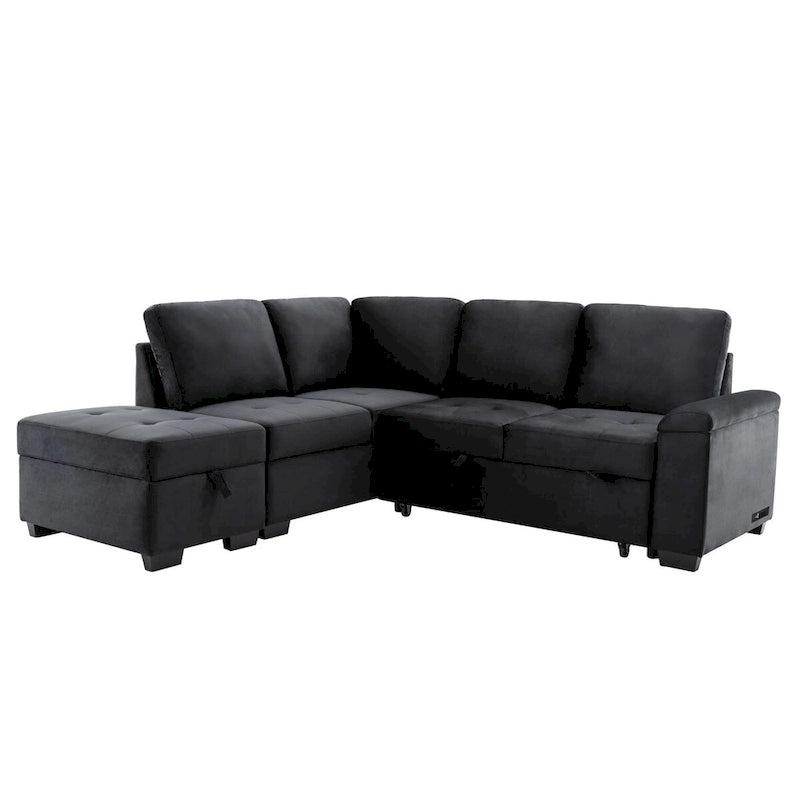 Black L-Shaped Left-Facing Sectional Sofa Bed with Storage Ottoman & USB Ports, Seats 3+