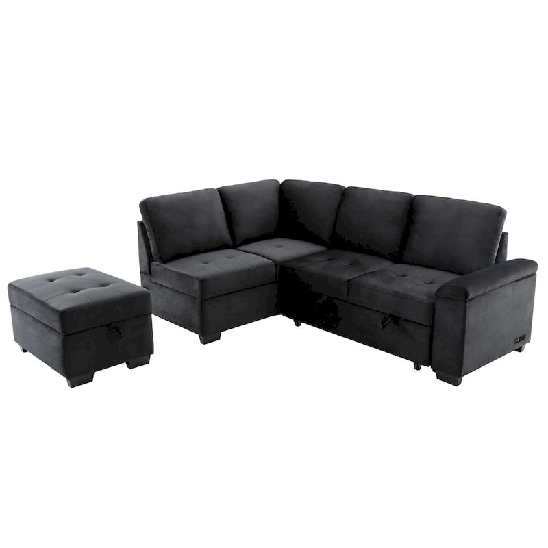Black L-Shaped Left-Facing Sectional Sofa Bed with Storage Ottoman & USB Ports, Seats 3+