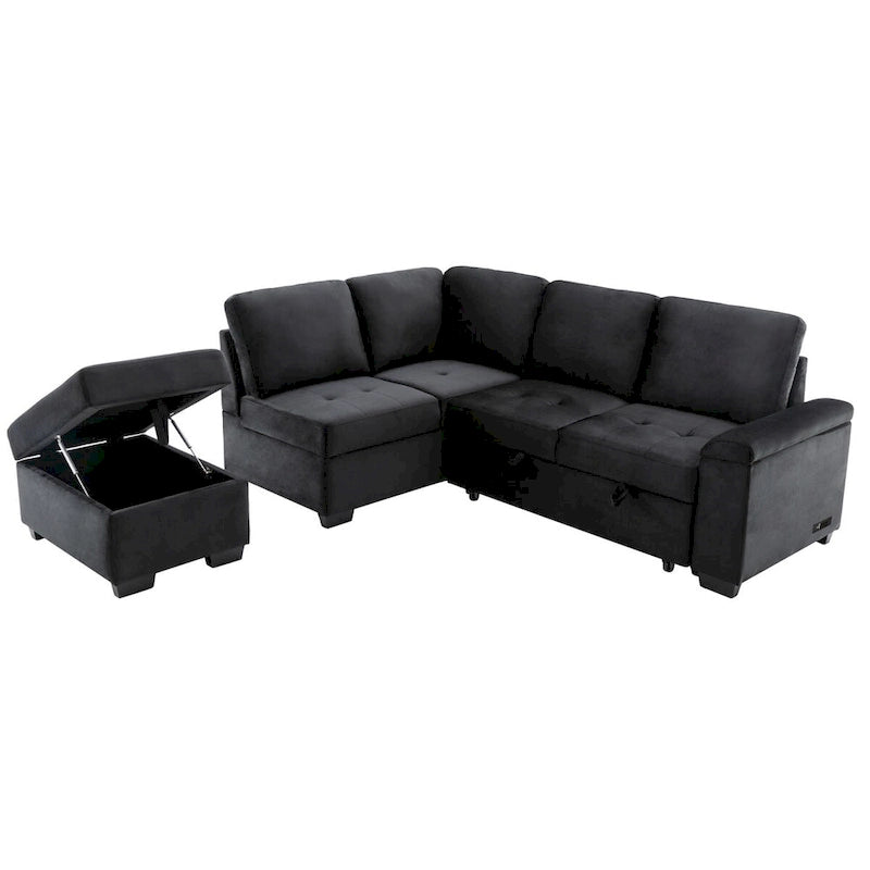 Black L-Shaped Left-Facing Sectional Sofa Bed with Storage Ottoman & USB Ports, Seats 3+