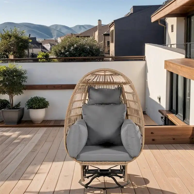 Natural/Grey/Beige Rattan Swivel Rocking Egg Chair with Cushions, 1-Seat
