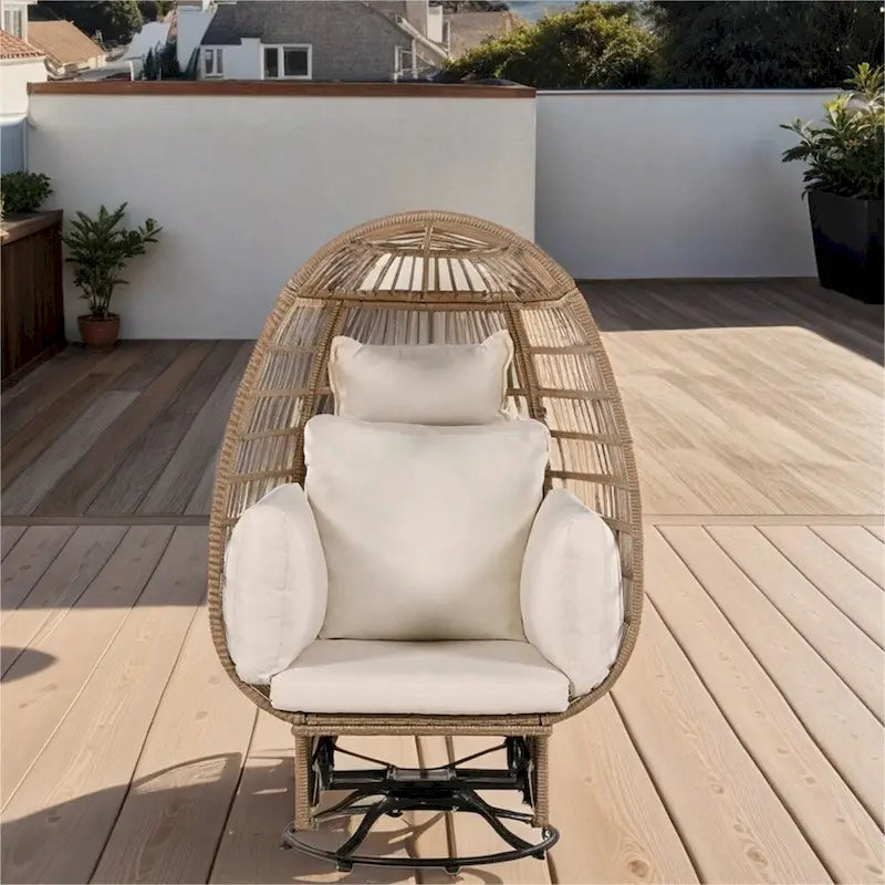 Natural/Grey/Beige Rattan Swivel Rocking Egg Chair with Cushions, 1-Seat