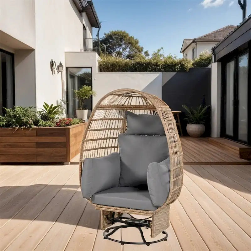 Natural/Grey/Beige Rattan Swivel Rocking Egg Chair with Cushions, 1-Seat