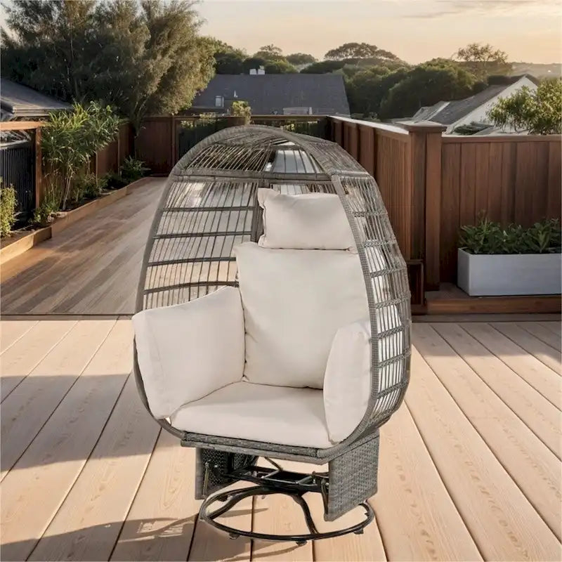Natural/Grey/Beige Rattan Swivel Rocking Egg Chair with Cushions, 1-Seat