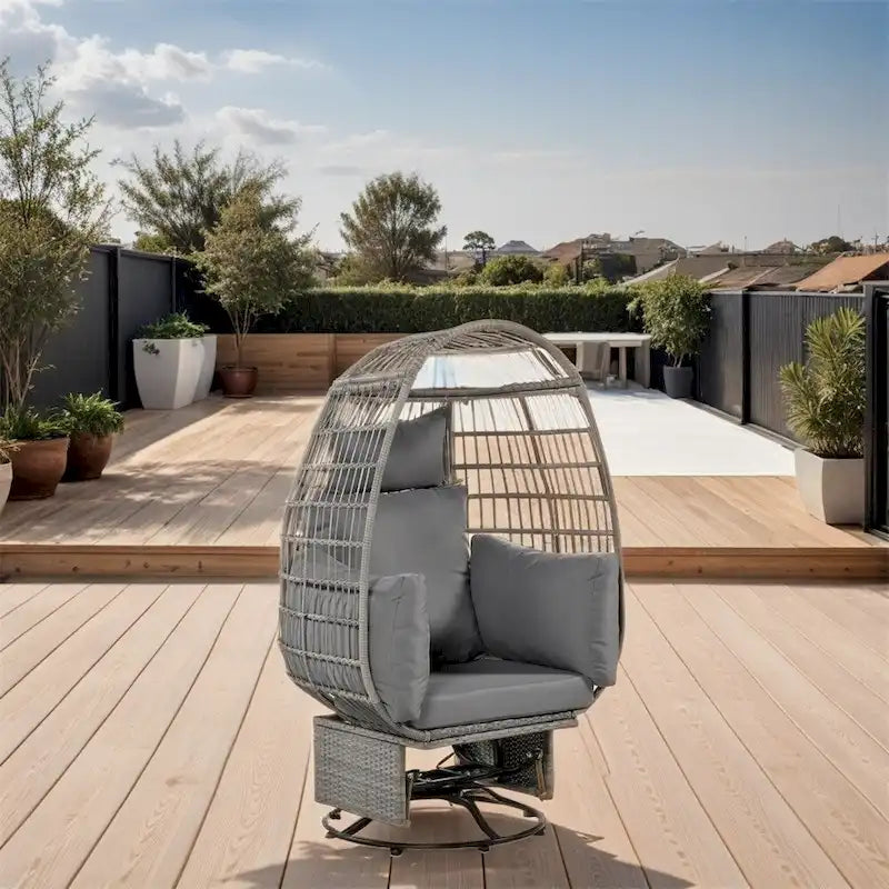 Natural/Grey/Beige Rattan Swivel Rocking Egg Chair with Cushions, 1-Seat