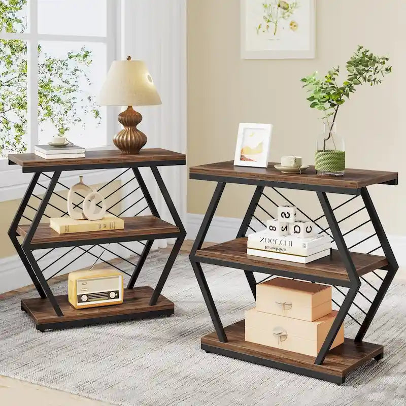 Brown / Natural 3-Tier Side Table with Metal Frame, Single Use