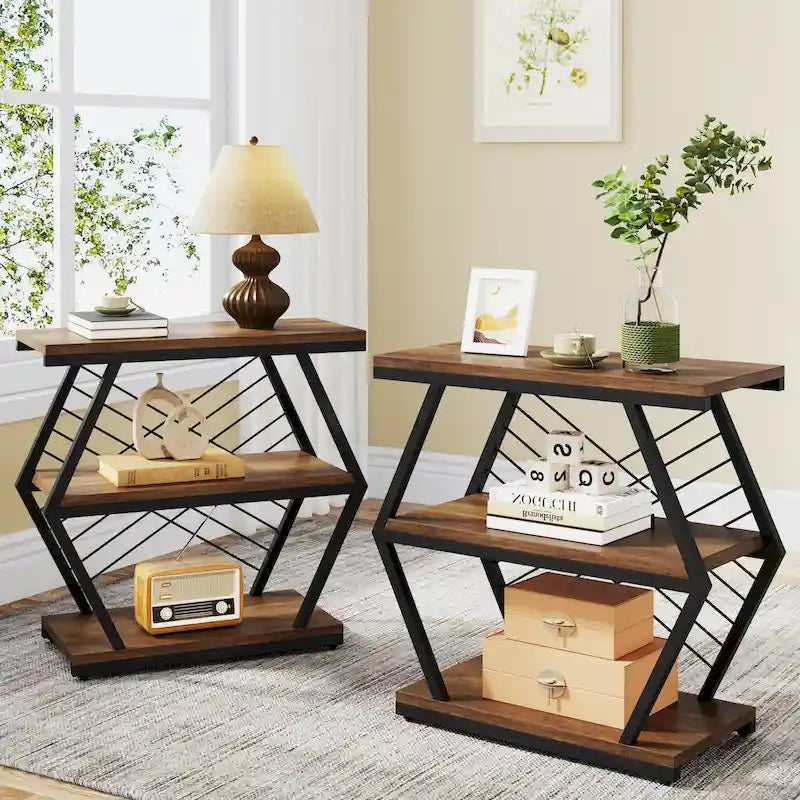Brown / Natural 3-Tier Side Table with Metal Frame, Single Use
