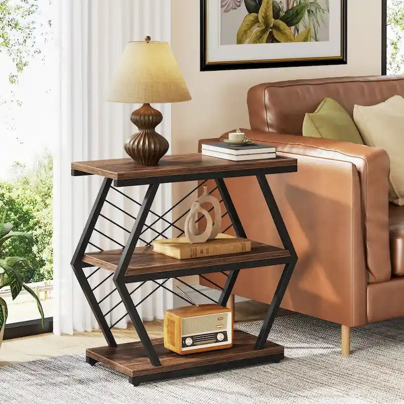 Brown / Natural 3-Tier Side Table with Metal Frame, Single Use