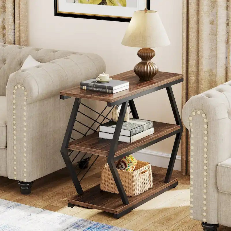 Brown / Natural 3-Tier Side Table with Metal Frame, Single Use