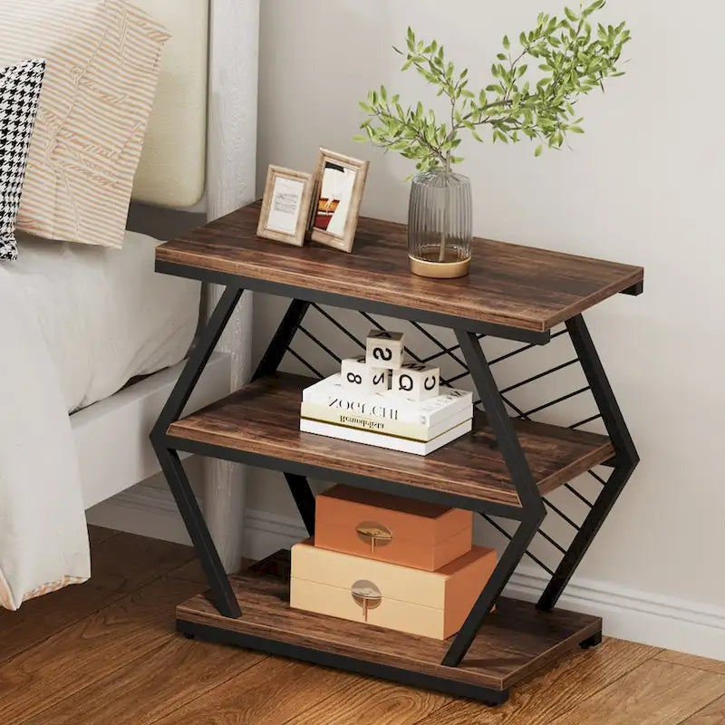 Brown / Natural 3-Tier Side Table with Metal Frame, Single Use