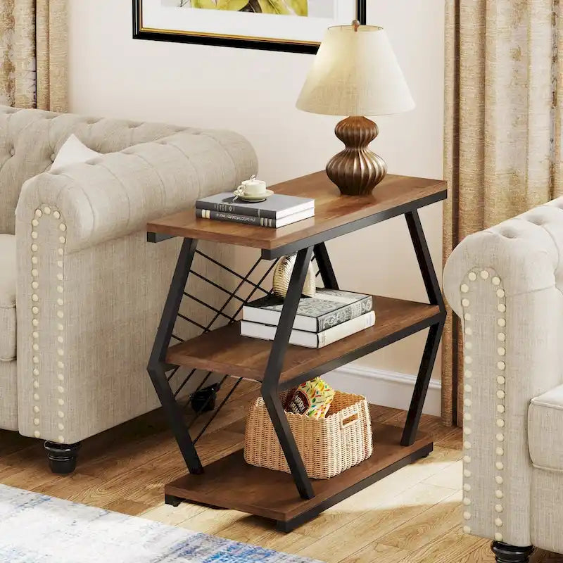 Brown / Natural 3-Tier Side Table with Metal Frame, Single Use