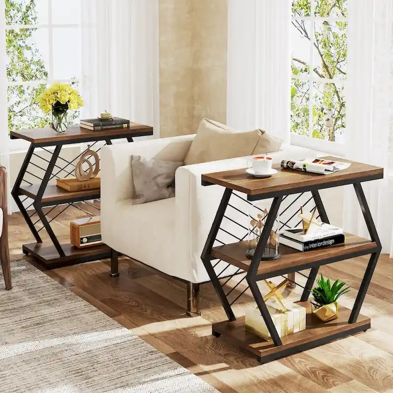 Brown / Natural 3-Tier Side Table with Metal Frame, Single Use