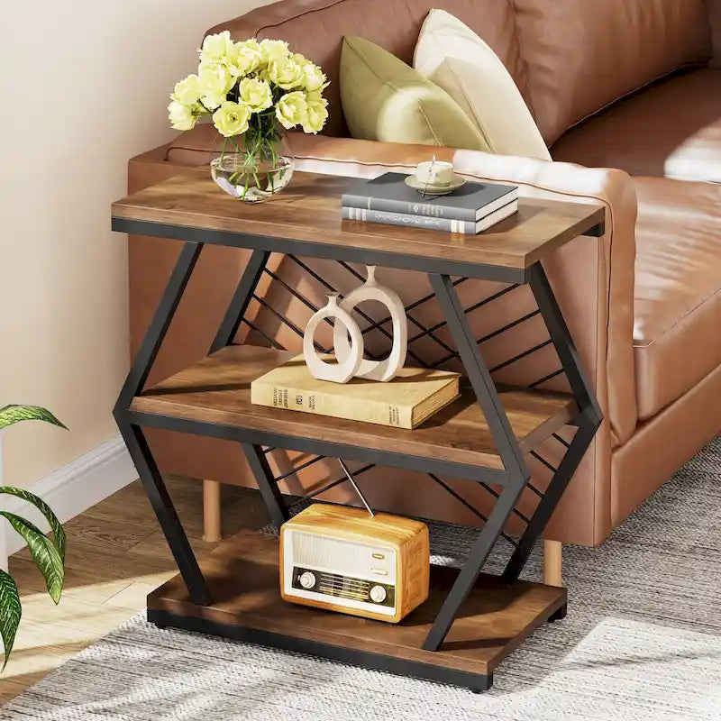 Brown / Natural 3-Tier Side Table with Metal Frame, Single Use
