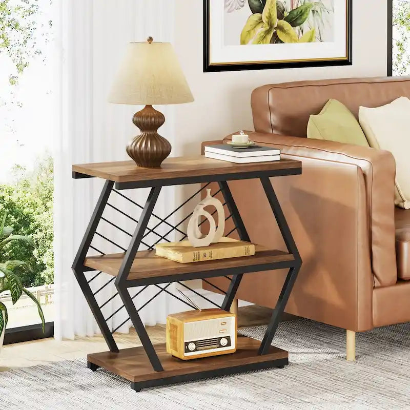 Brown / Natural 3-Tier Side Table with Metal Frame, Single Use