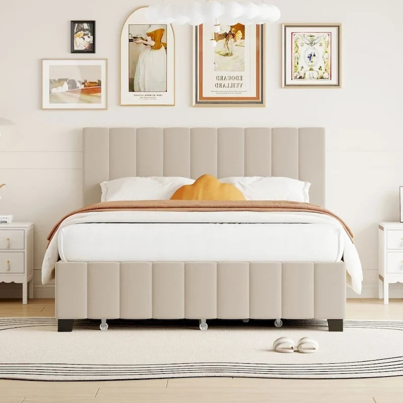 Grey / Beige Velvet Tufted Platform Bed, Queen, 2-Person, with Storage Drawers & Trundle