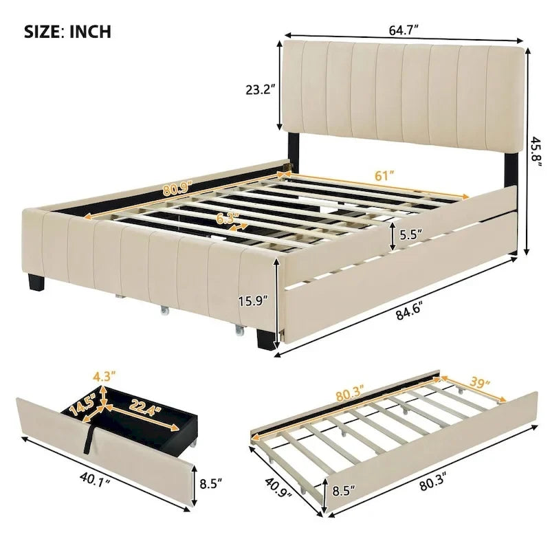 Grey / Beige Velvet Tufted Platform Bed, Queen, 2-Person, with Storage Drawers & Trundle