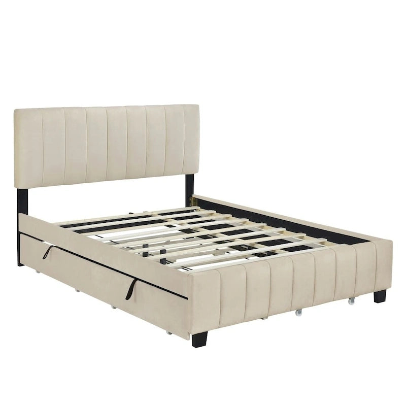 Grey / Beige Velvet Tufted Platform Bed, Queen, 2-Person, with Storage Drawers & Trundle
