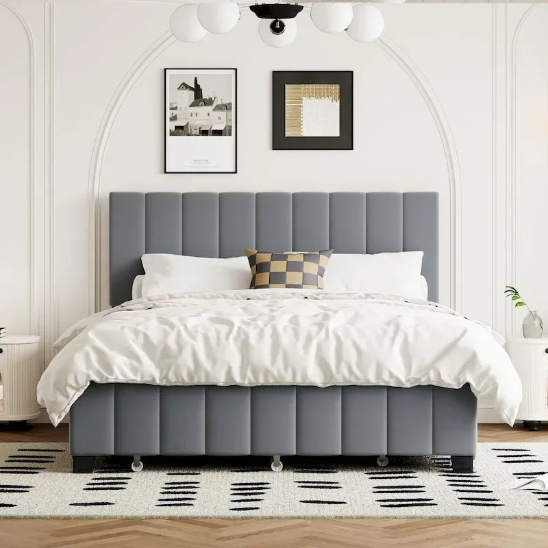 Grey / Beige Velvet Tufted Platform Bed, Queen, 2-Person, with Storage Drawers & Trundle