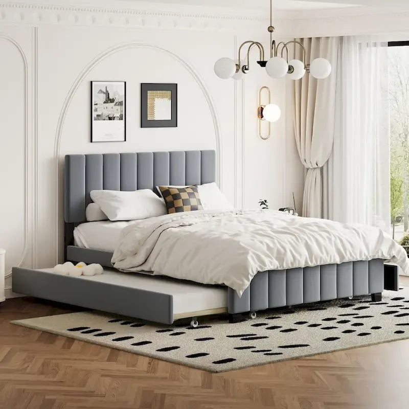 Grey / Beige Velvet Tufted Platform Bed, Queen, 2-Person, with Storage Drawers & Trundle