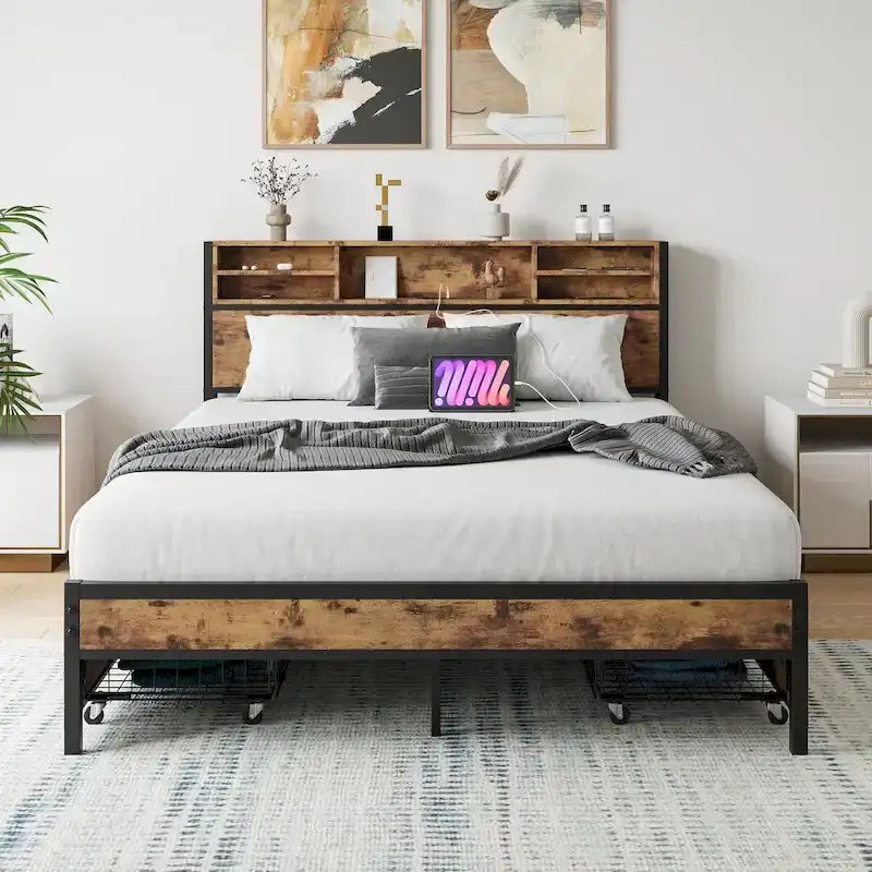 Black Queen Platform Bed for 2, Storage Headboard with Charging Station & 4 Drawers