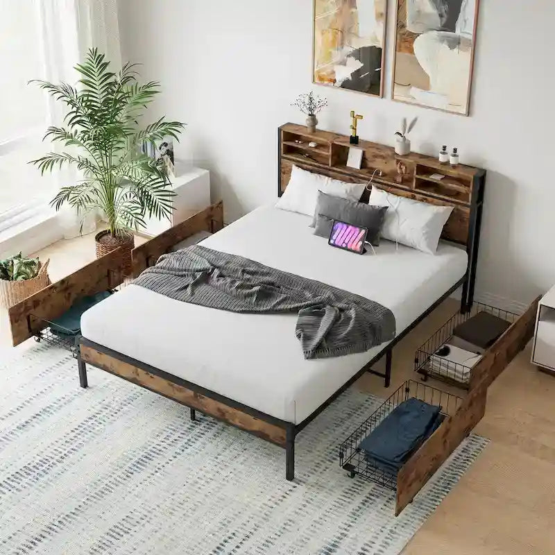 Black Queen Platform Bed for 2, Storage Headboard with Charging Station & 4 Drawers