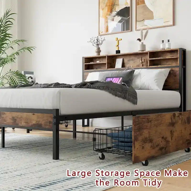 Black Queen Platform Bed for 2, Storage Headboard with Charging Station & 4 Drawers