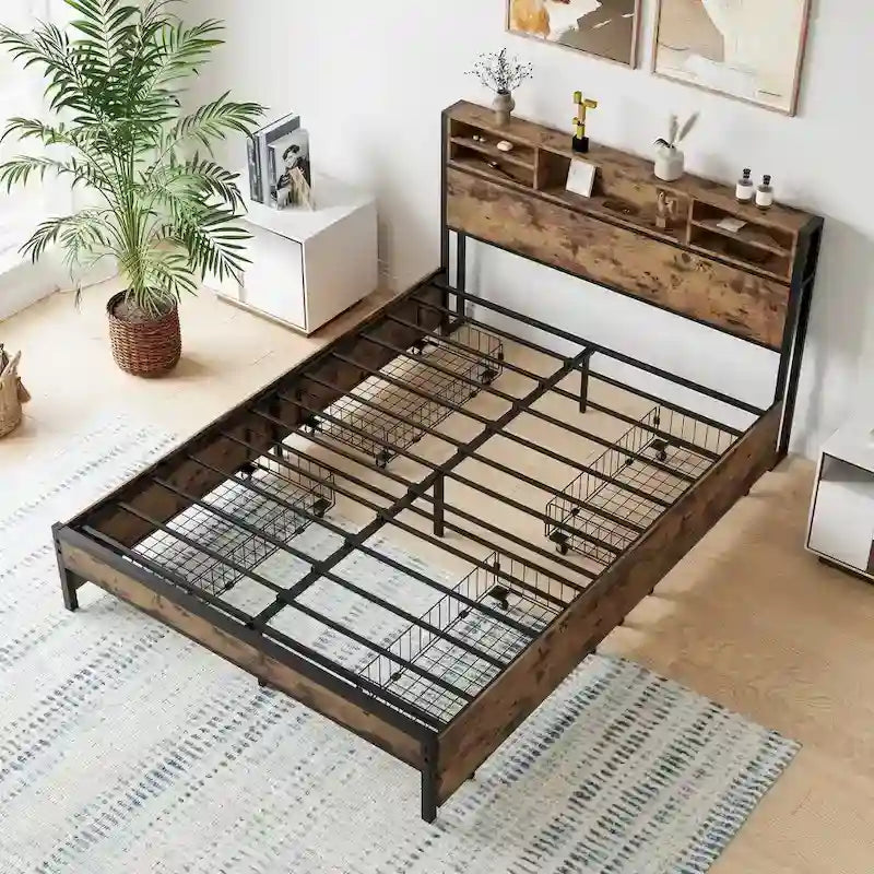 Black Queen Platform Bed for 2, Storage Headboard with Charging Station & 4 Drawers
