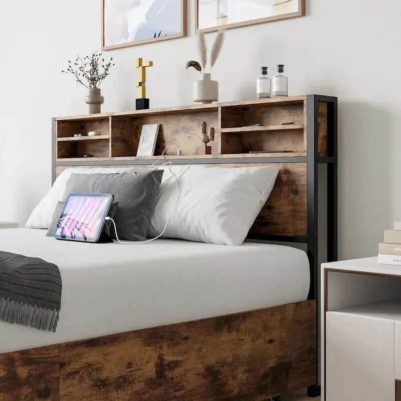 Black Queen Platform Bed for 2, Storage Headboard with Charging Station & 4 Drawers
