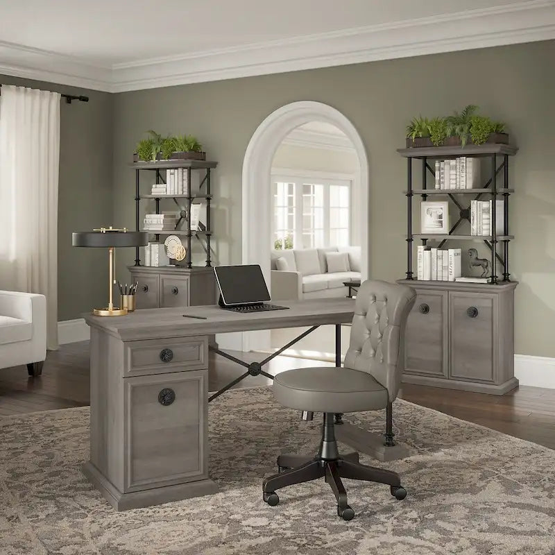 Driftwood Gray 60" Writing Desk with 2 Bookcases, 1-Person Home Office Set