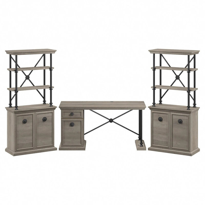 Driftwood Gray 60" Writing Desk with 2 Bookcases, 1-Person Home Office Set