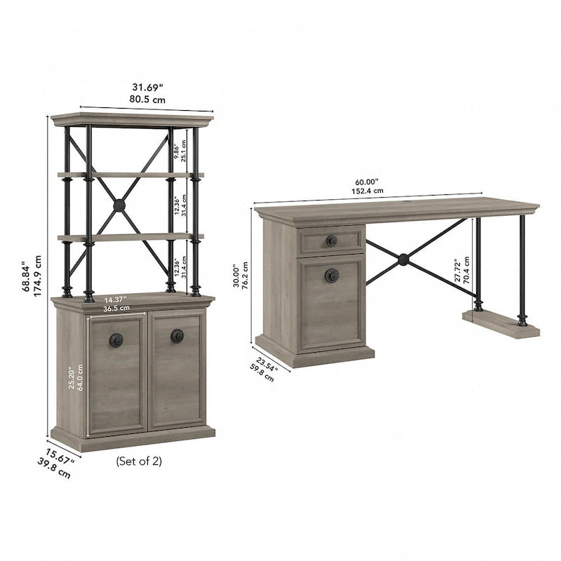 Driftwood Gray 60" Writing Desk with 2 Bookcases, 1-Person Home Office Set